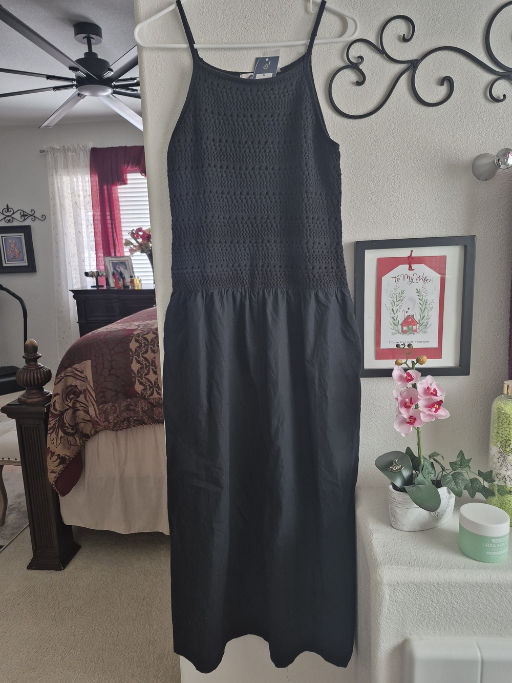 Black Crochet Bodice Midi Dress